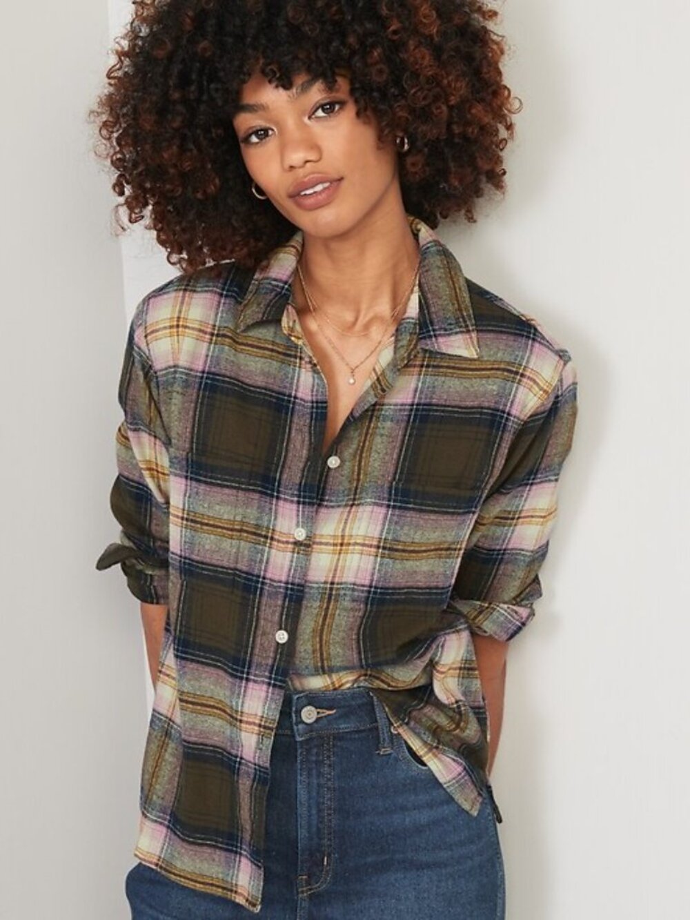 Old Navy The Boyfriend Shirt Long Sleeve Relaxed in Olive Plaid